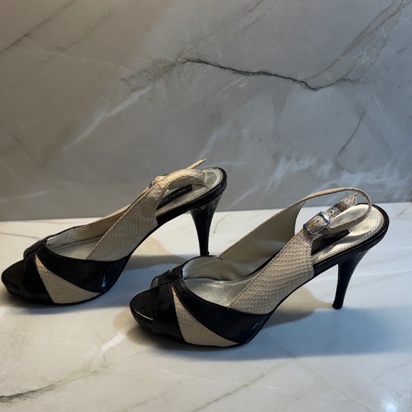 White House Black Market Black and Cream Slingback Heels - Picture 2 of 4